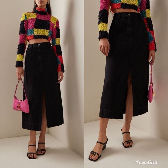 Revolve Mara Hoffman Nikita Denim Jean Black Pencil Midi Skirt - Picture 3 of 11